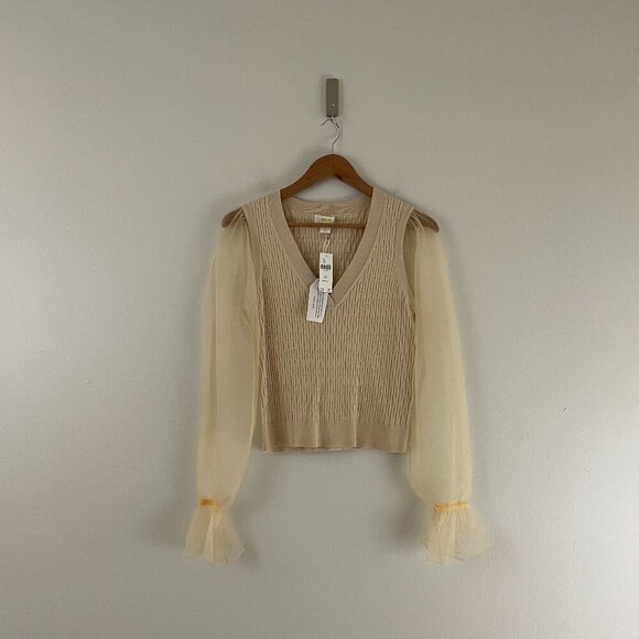 Anthropologie Sweaters - Anthropologie Maeve Sheer Organza Sleeve Cream Knit Top Size Small Petite